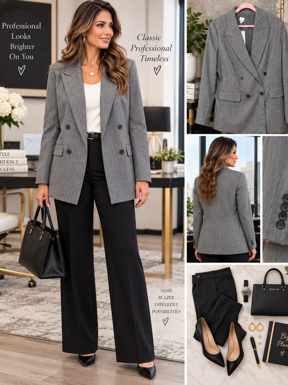 New Day Women’s XXL Gray Pinstripe Double Breasted Blazer Career Workwear